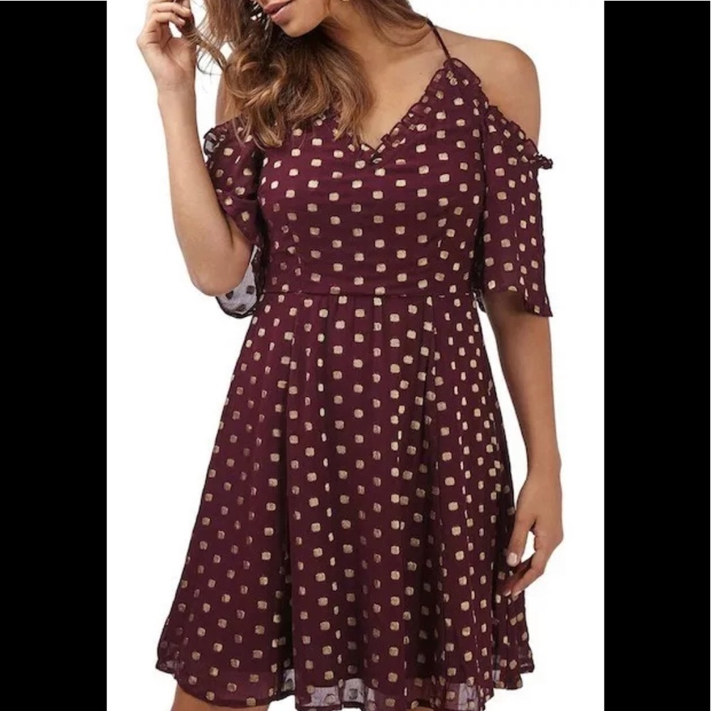 NWOT Elegant Topshop Off Shoulder Burgundy Gold Polka Dot Glam Lined Mini Dress